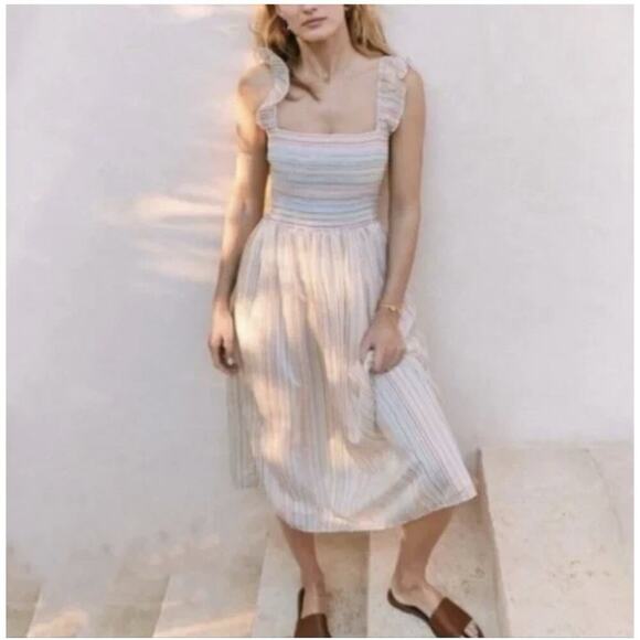Madewell Women’s Ruffle-Strap Smocked Rainbow Stripe Midi Dress Size M - Picture 1 of 11